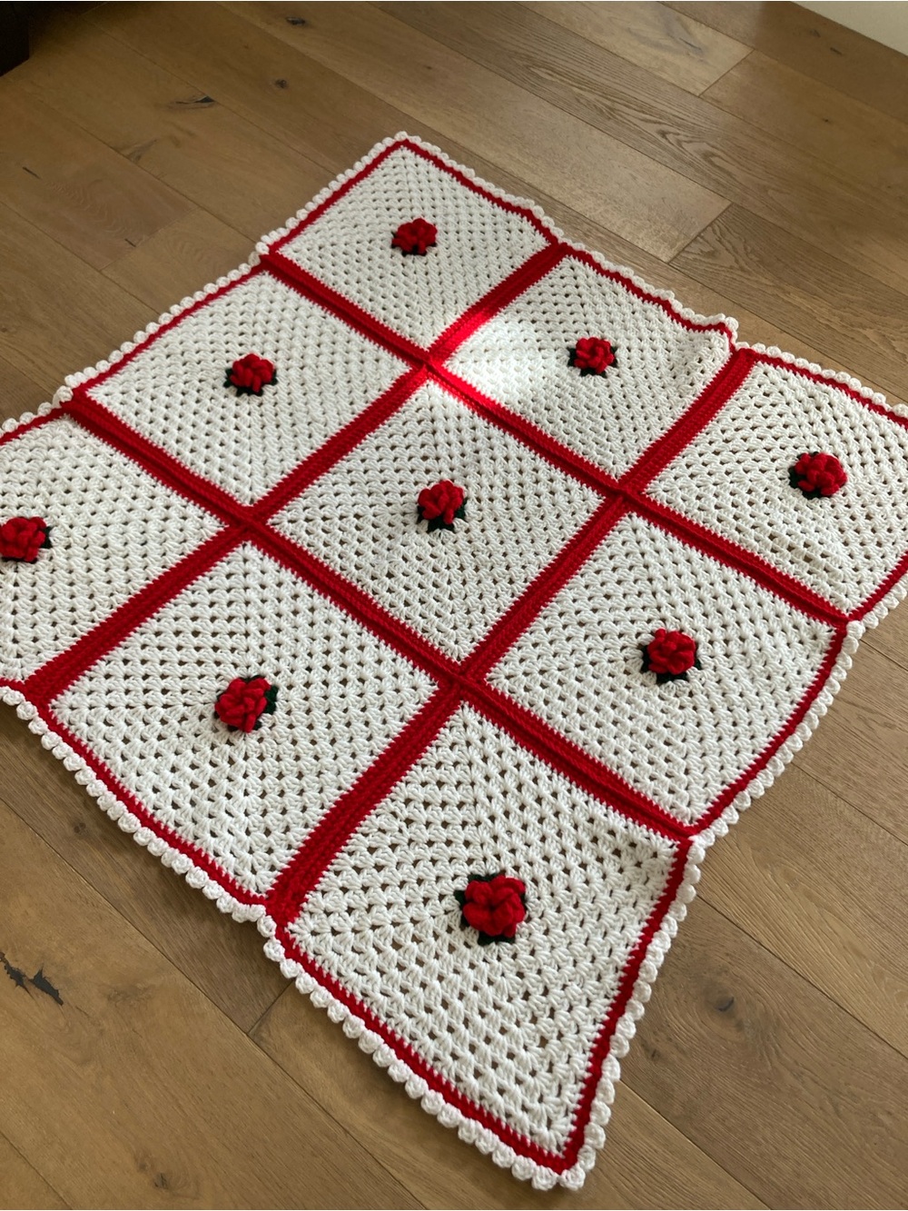 White and Red Crochet Rose Square Throw Blanket
